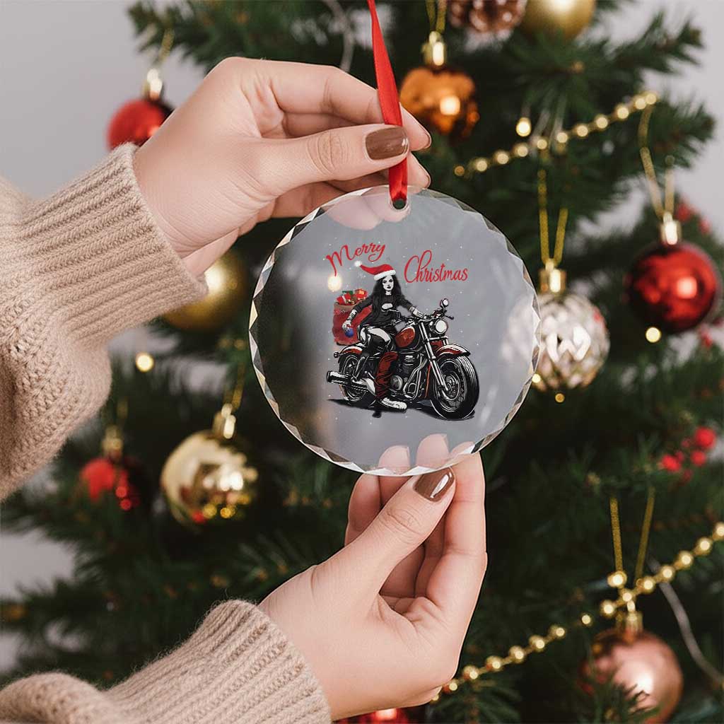Girl Motorcycle Santa Crystal Glass Ornament Lady Biker Merry Christmas TS10