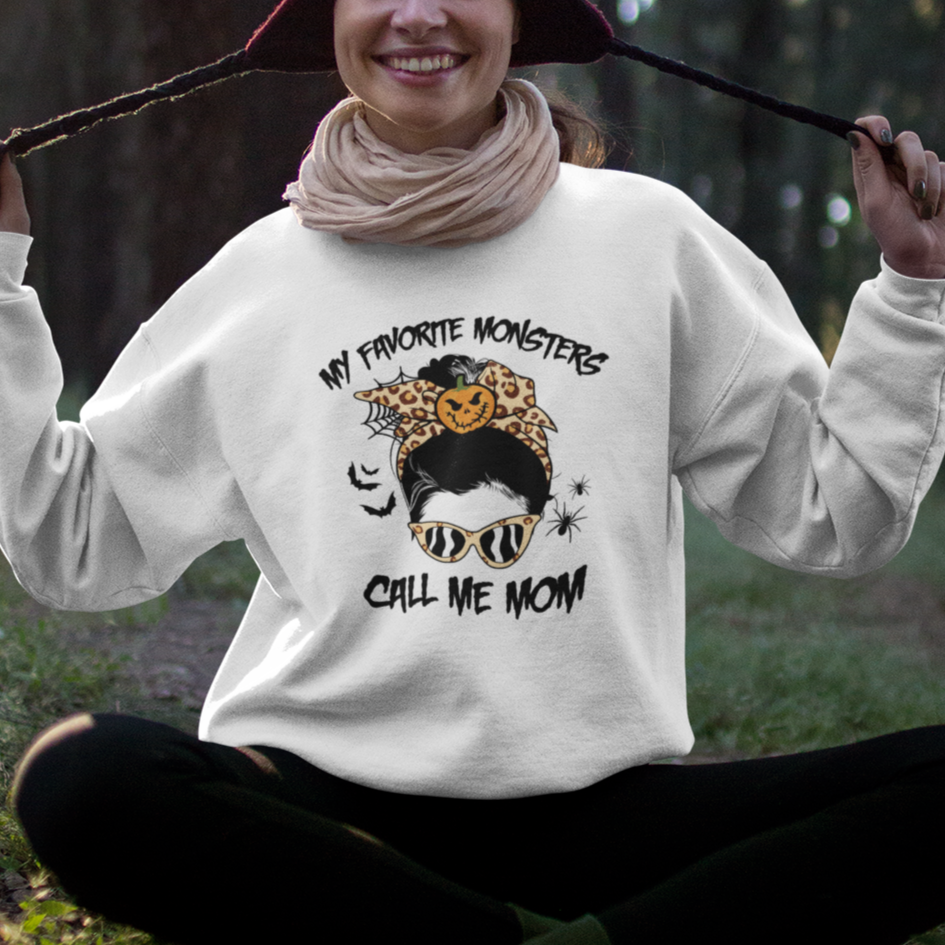 Halloween Mom Sweatshirt My Favorite Monsters Call Me Mom Messy Bun Halloween Costume - Wonder Print Shop