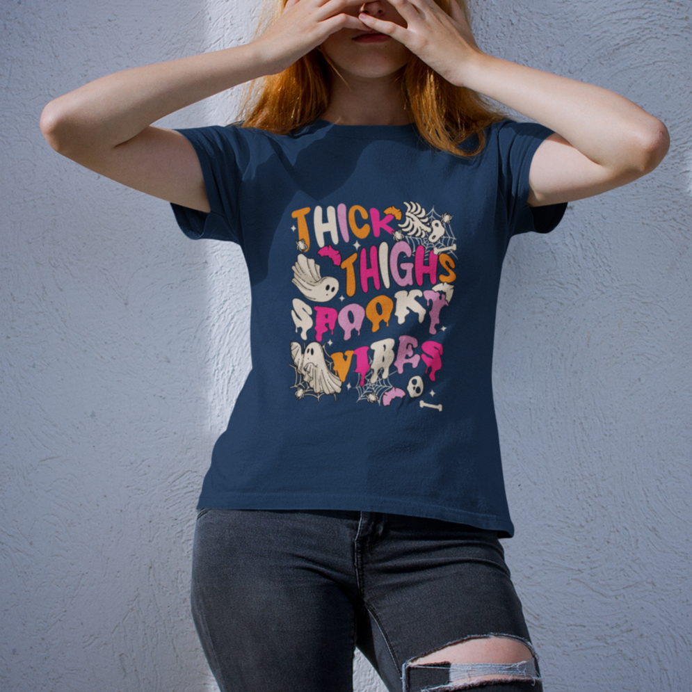 Halloween T Shirt Thick Thighs Spooky Vibe Retro Groovy Witchy Halloween Costume T-Shirt for Halloween lovers, Spooky Season - Wonder Print Shop