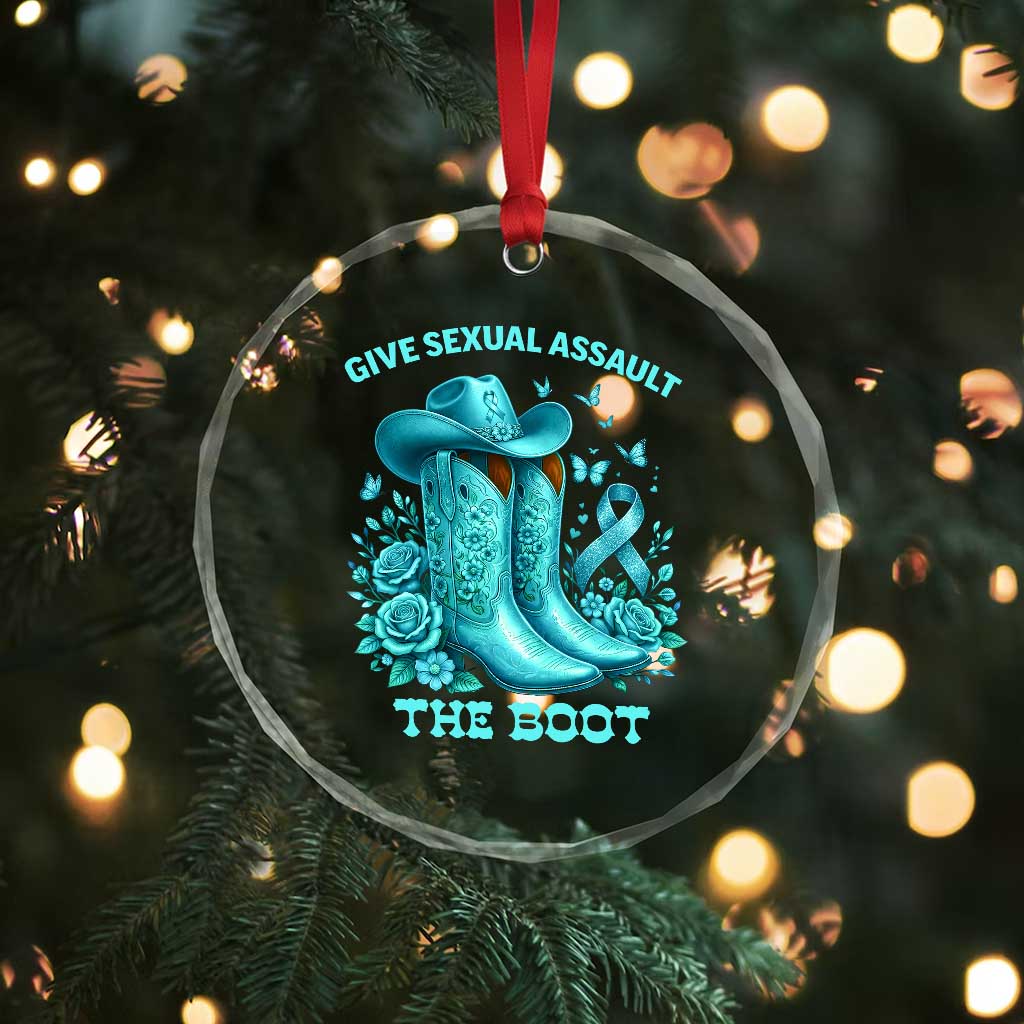 Give Sexual Assault The Boot Crystal Glass Ornament Cowgirl Awareness Month Teal Ribbon Support