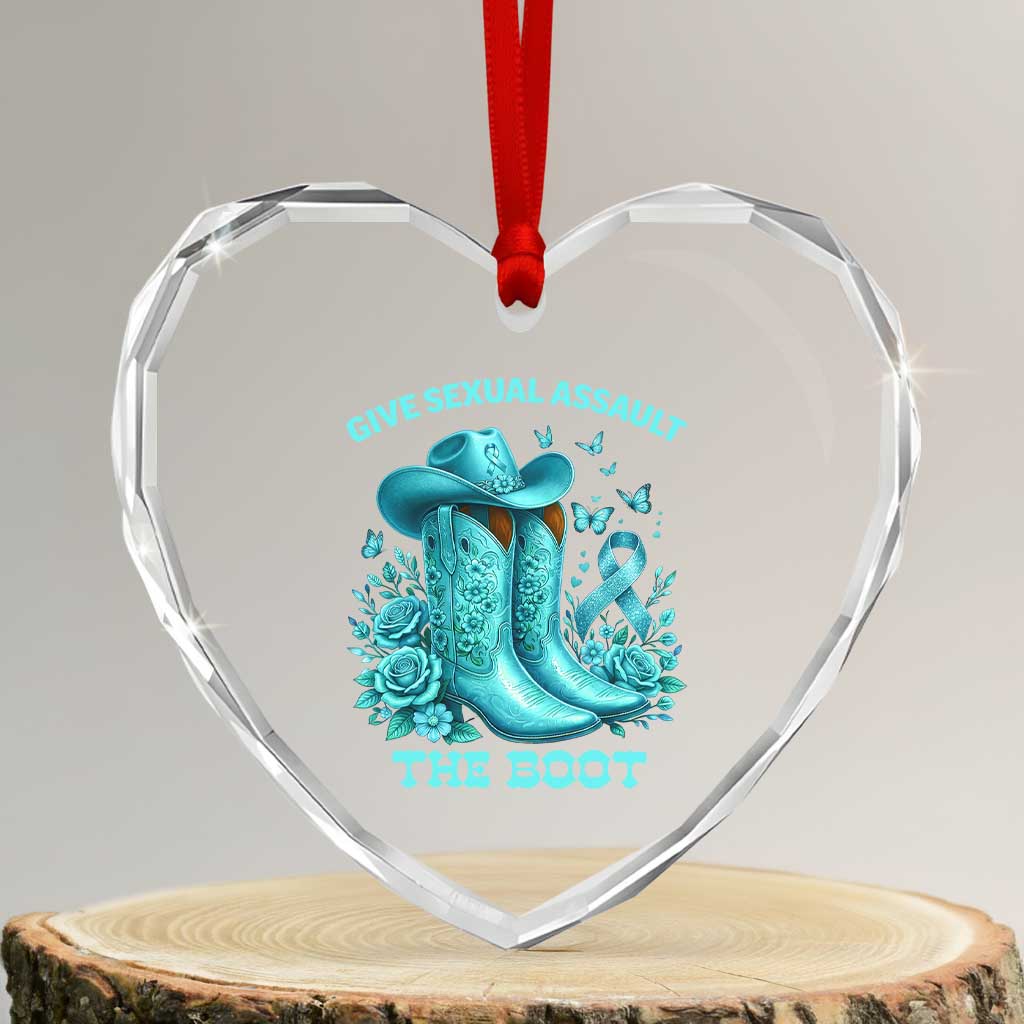 Give Sexual Assault The Boot Heart Crystal Glass Ornament Cowgirl Awareness Month Teal Ribbon Support