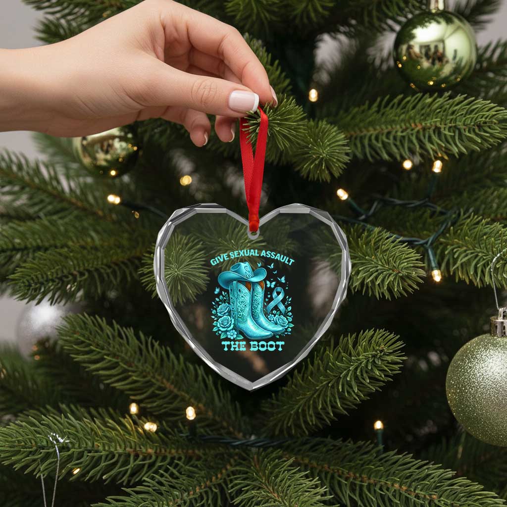 Give Sexual Assault The Boot Heart Crystal Glass Ornament Cowgirl Awareness Month Teal Ribbon Support