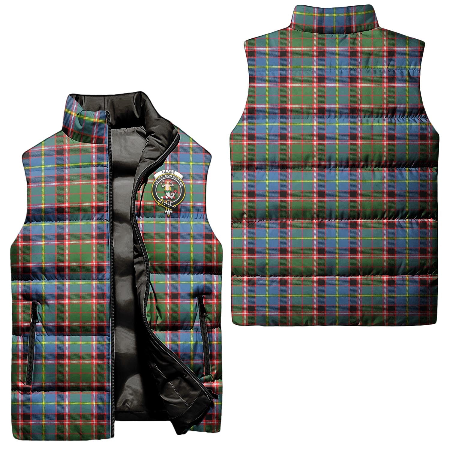 glass-clan-puffer-vest-family-crest-plaid-sleeveless-down-jacket
