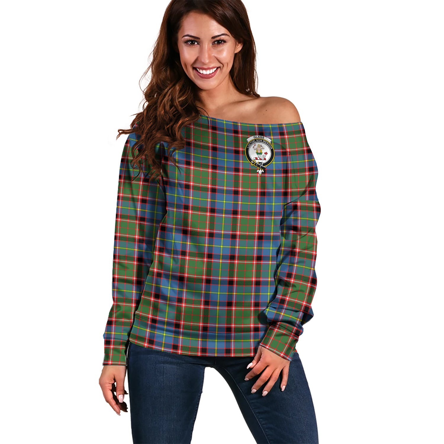 glass-clan-tartan-off-shoulder-sweater-family-crest-sweater-for-women