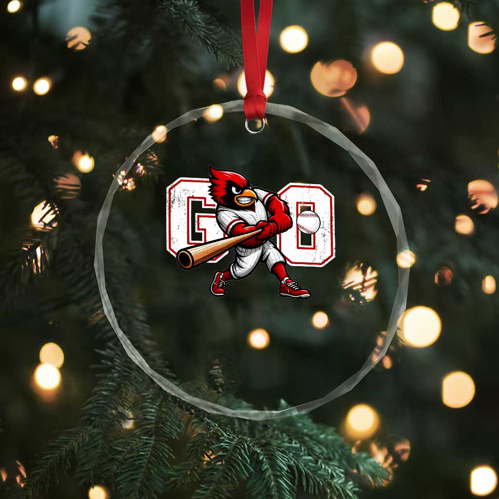 Go Cardinal Playing Baseball Graphic Crystal Glass Ornament for Sports Fan