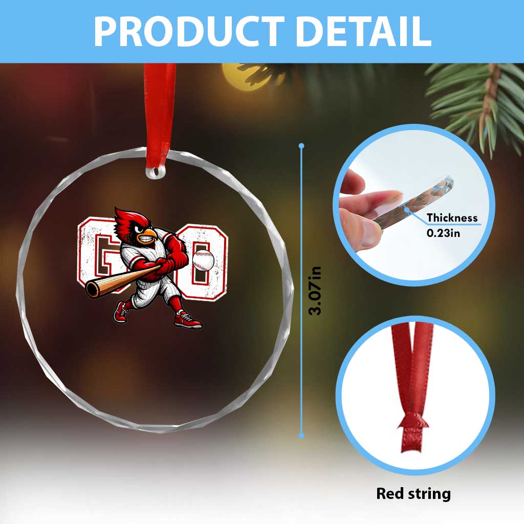 Go Cardinal Playing Baseball Graphic Crystal Glass Ornament for Sports Fan