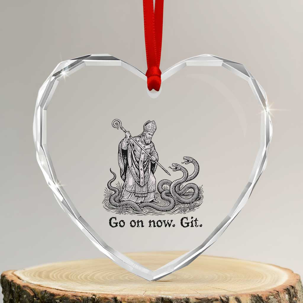 Go On Now Git Funny Saint Patrick Banishing Snakes Heart Crystal Glass Ornament Irish History Humor St Patricks Day