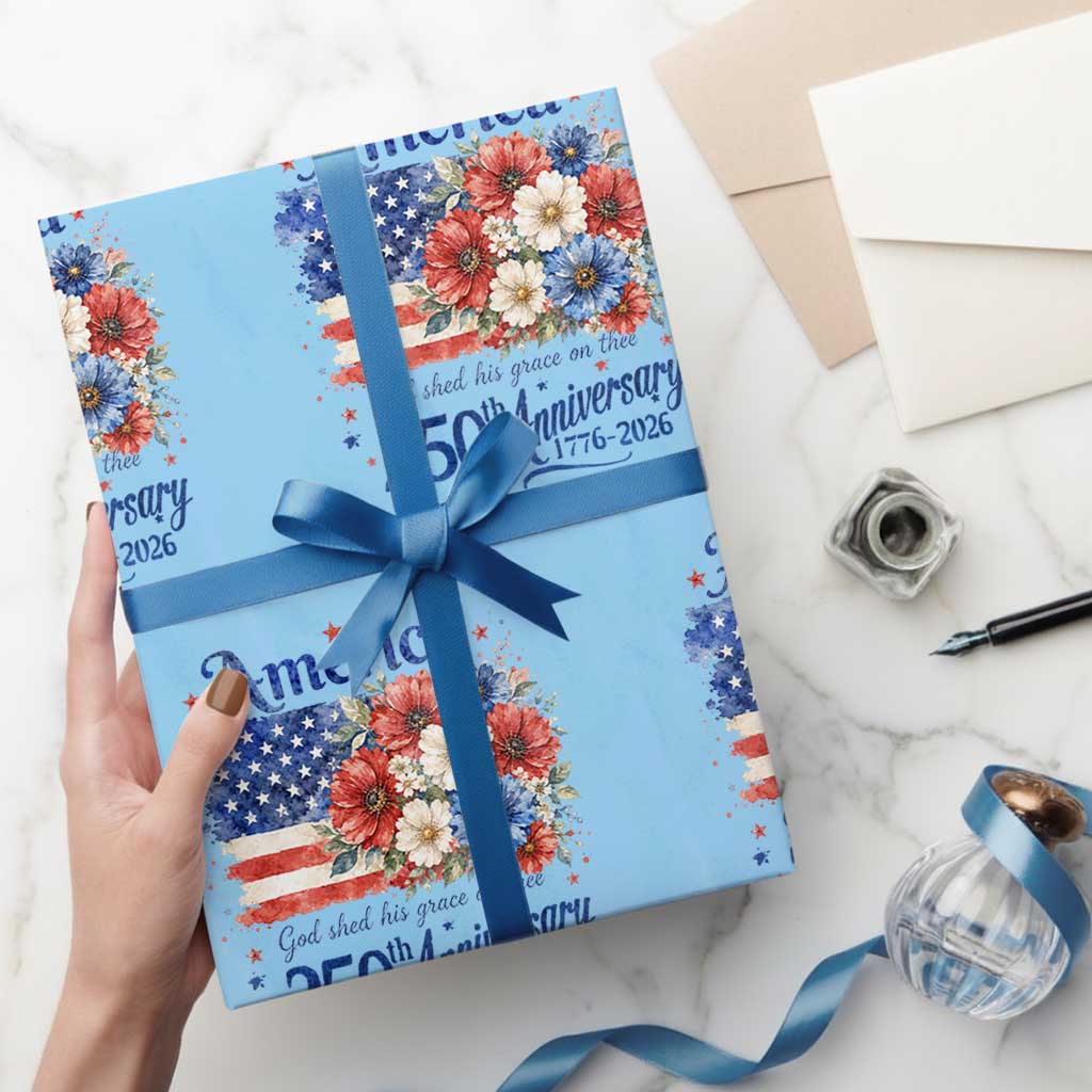 God 250th Anniversary USA Flag Floral Wrapping Paper Roll Patriotic Freedom 4th of July 250 Years America