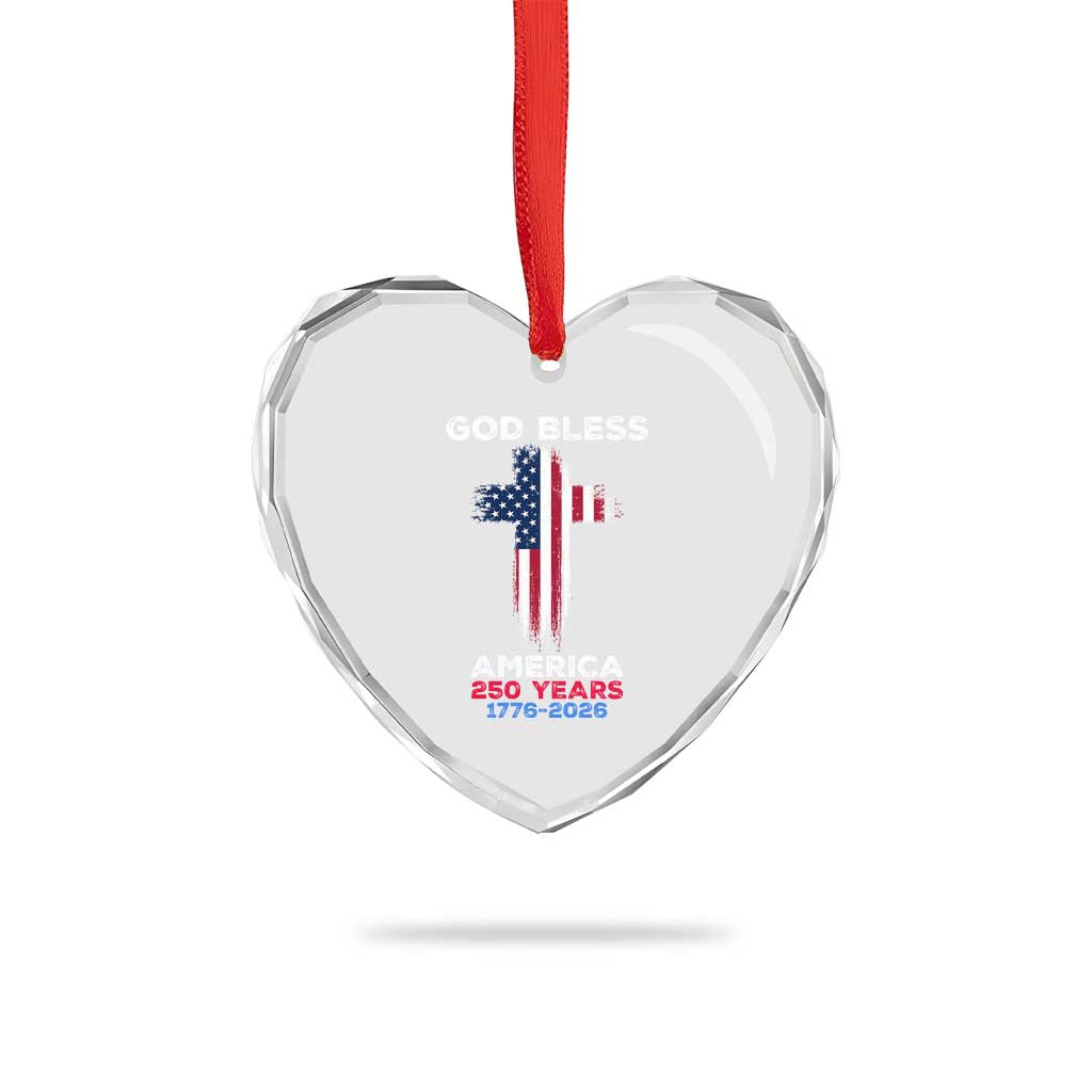 God Bless America 250 Years 1776-2026 Heart Crystal Glass Ornament Christian Cross Flag