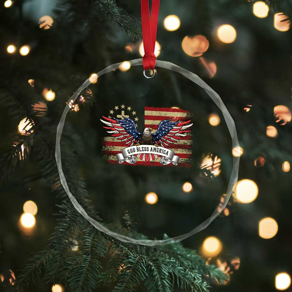 God Bless America Crystal Glass Ornament Vintage Eagle Christian Cross Flag 4th Of July