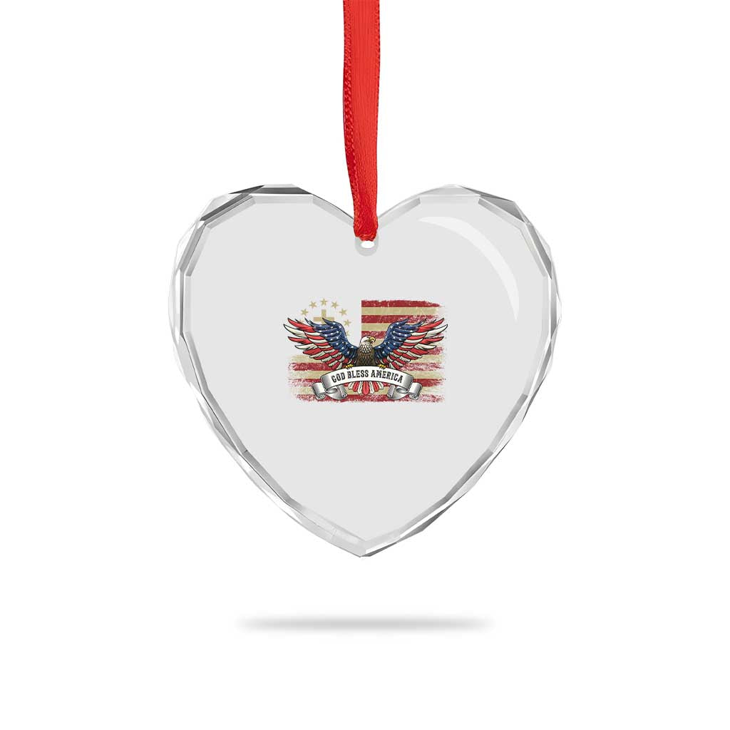 God Bless America Heart Crystal Glass Ornament Vintage Eagle Christian Cross Flag 4th Of July