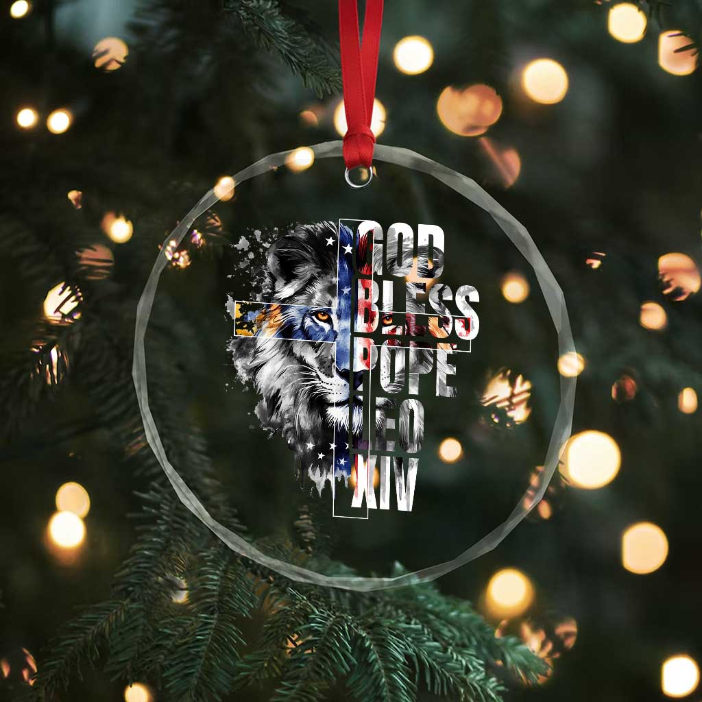 God Bless Pope Leo XIV Crystal Glass Ornament Lion American Flag - Wonder Print Shop