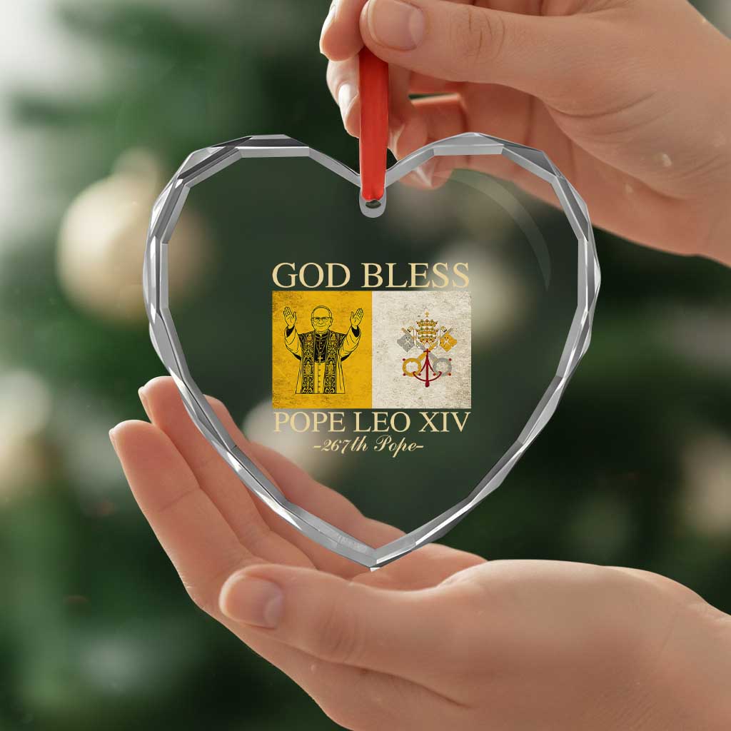 God Bless Pope Leo XIV Heart Crystal Glass Ornament 267th Pope Vatican Flag - Wonder Print Shop