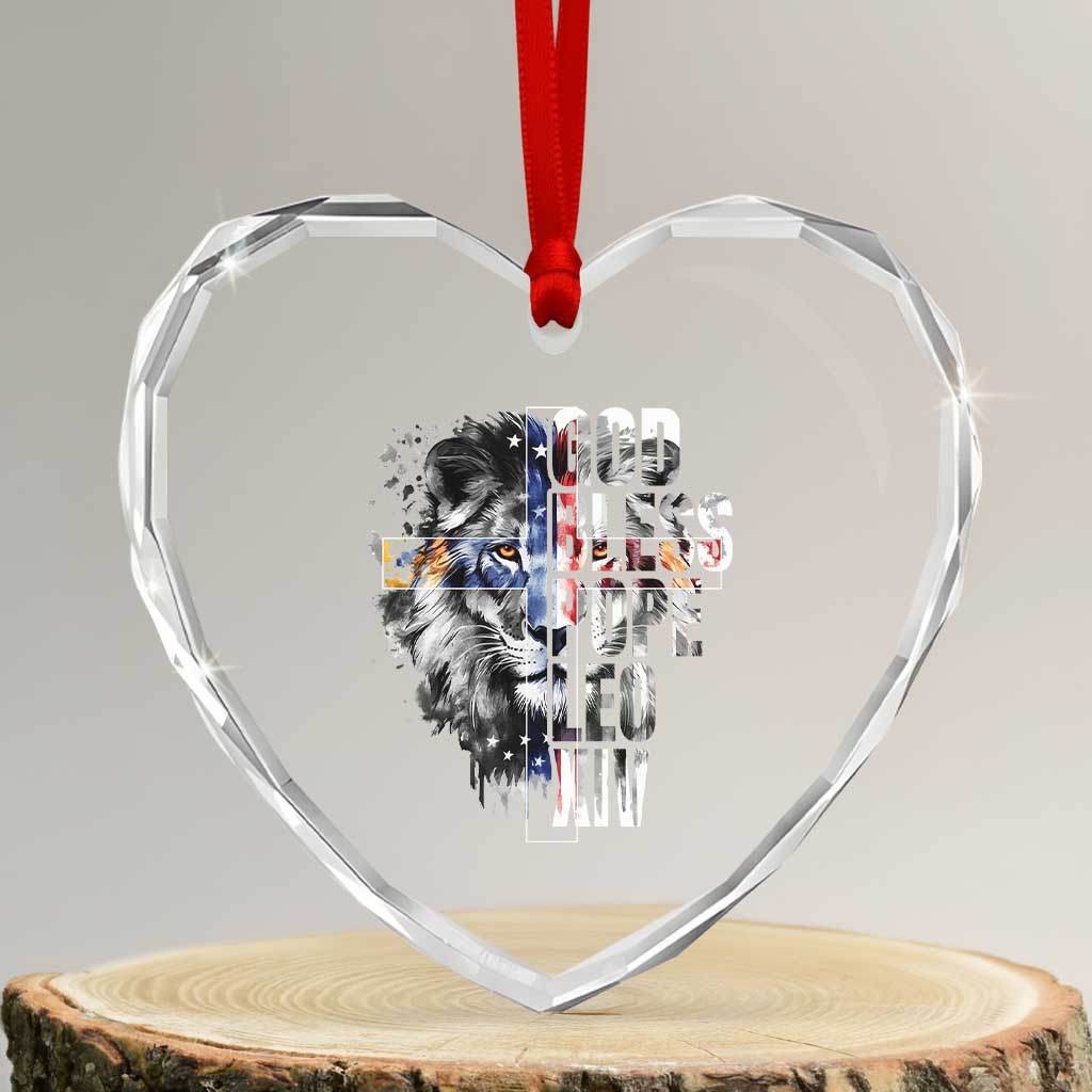 God Bless Pope Leo XIV Heart Crystal Glass Ornament Lion American Flag - Wonder Print Shop