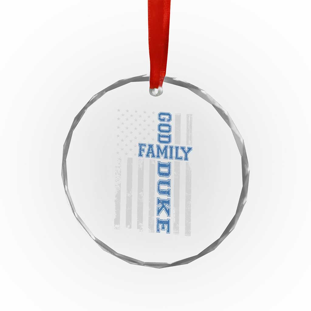 God Family Duke Crystal Glass Ornament Blue Game Day Vintage American Flag