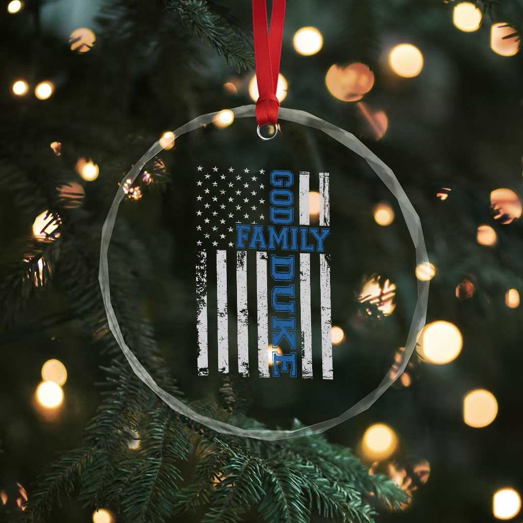 God Family Duke Crystal Glass Ornament Blue Game Day Vintage American Flag