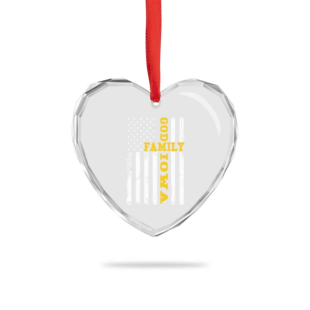 God Family Iowa Heart Crystal Glass Ornament IA State Game Day Christian American Flag