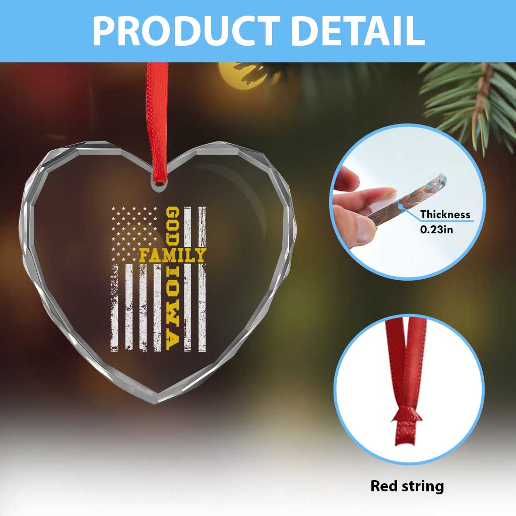 God Family Iowa Heart Crystal Glass Ornament IA State Game Day Christian American Flag