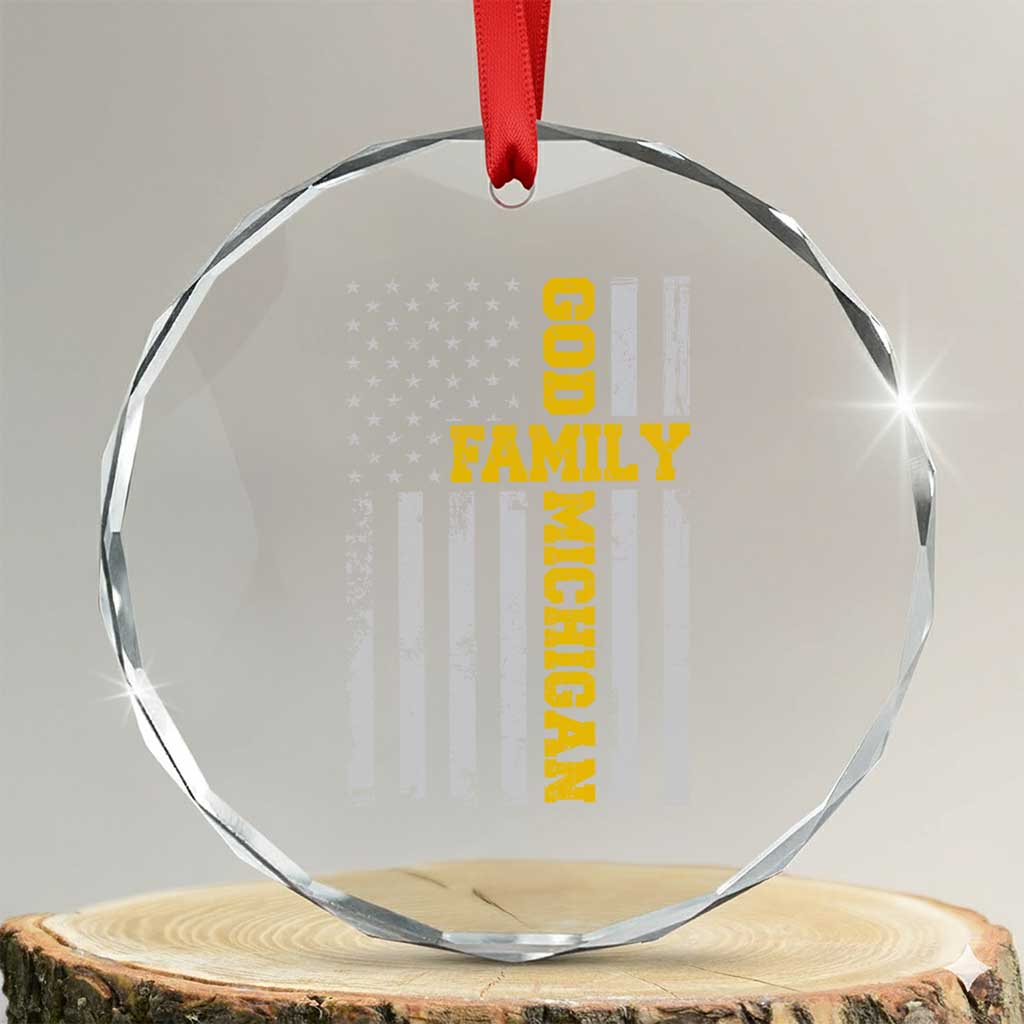 God Family Michigan Crystal Glass Ornament Game Day Vintage American Flag