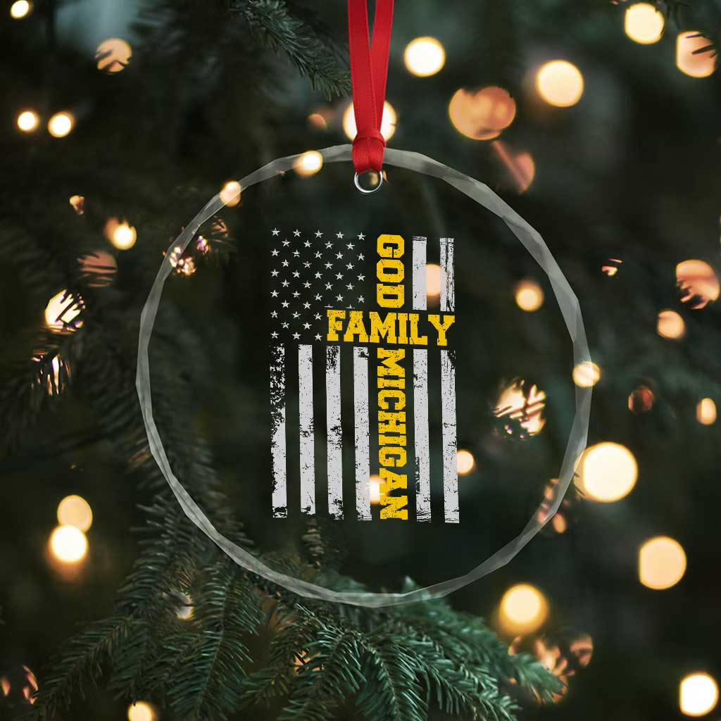 God Family Michigan Crystal Glass Ornament Game Day Vintage American Flag