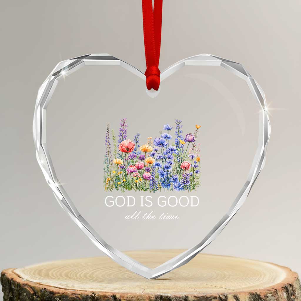 God Is Good Heart Crystal Glass Ornament Wildflower Christian Jesus Graphic Religious Bible Verse