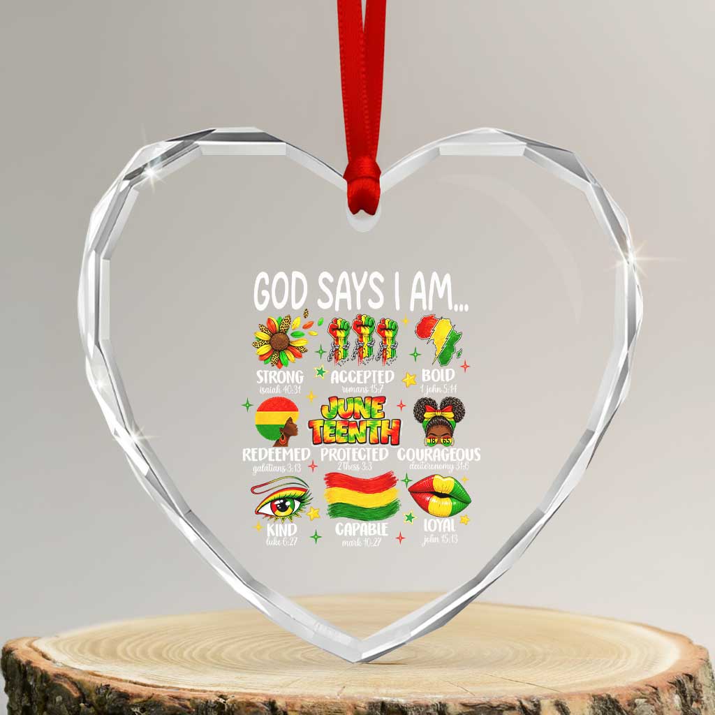 God Says I Am Juneteenth Christian Heart Crystal Glass Ornament Pan-African Afrocentric Faith Bible Verses Freedom Day