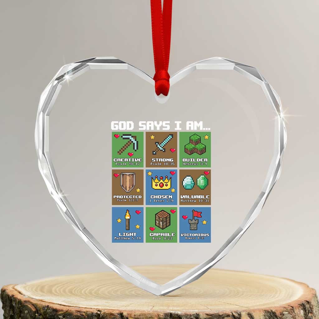 God Says I Am Pixel Art Graphic Heart Crystal Glass Ornament Christian Affirmation Gamer Bible Verses - Wonder Print Shop