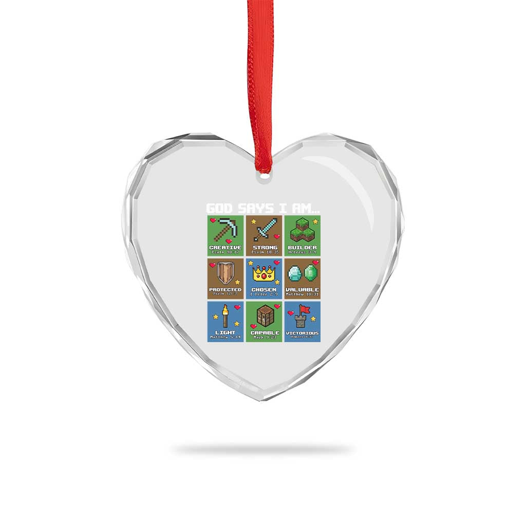 God Says I Am Pixel Art Graphic Heart Crystal Glass Ornament Christian Affirmation Gamer Bible Verses - Wonder Print Shop