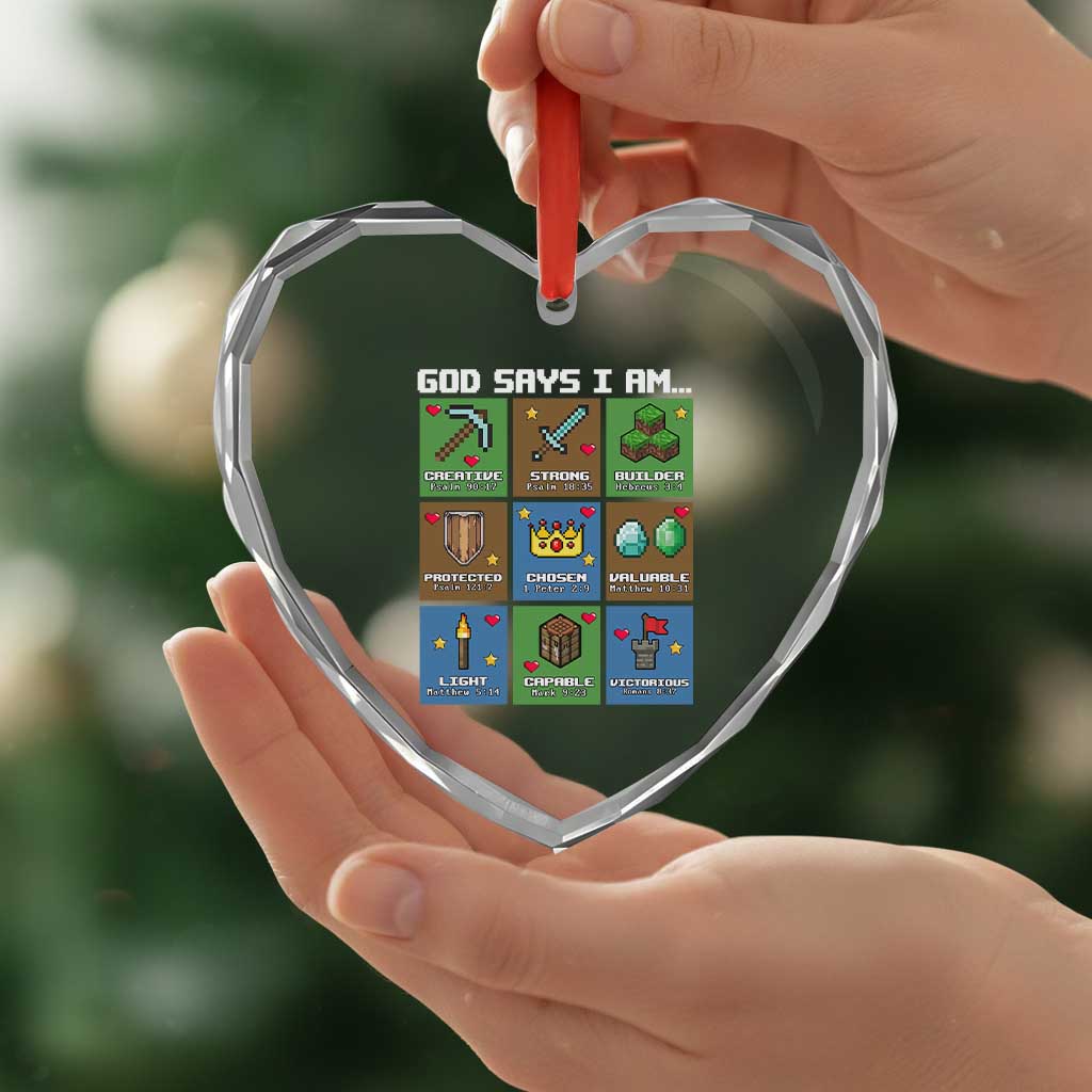 God Says I Am Pixel Art Graphic Heart Crystal Glass Ornament Christian Affirmation Gamer Bible Verses - Wonder Print Shop