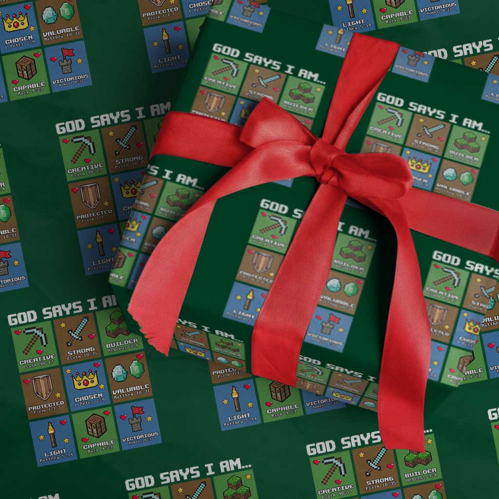 God Says I Am Pixel Art Graphic Wrapping Paper Roll Christian Affirmation Gamer Bible Verses - Wonder Print Shop