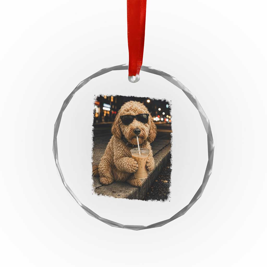 Goldendoodle Drinking Iced Coffee Crystal Glass Ornament Grunge Graphic Funny Dog Lover
