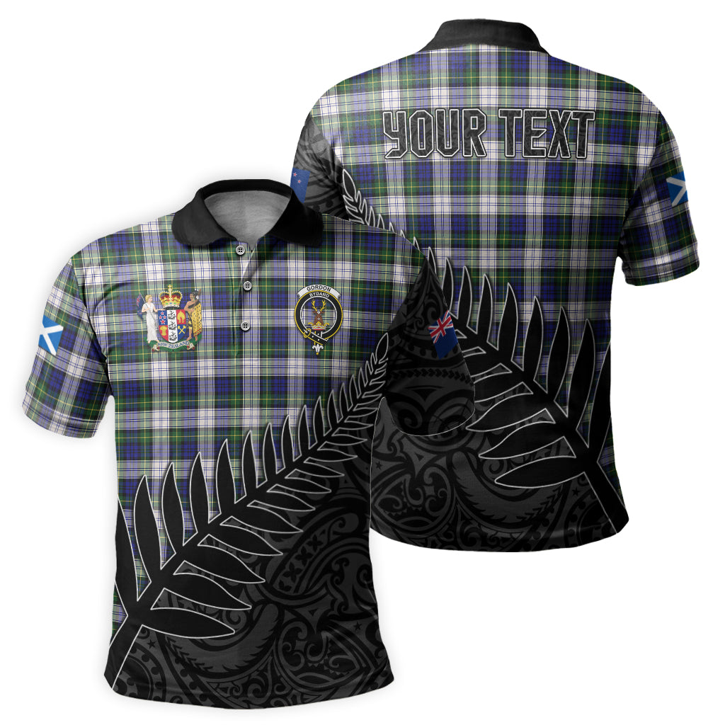 gordon-dress-modern-tartan-family-crest-golf-shirt-with-fern-leaves-and-coat-of-arm-of-new-zealand-personalized-your-name-scottish-tatan-polo-shirt