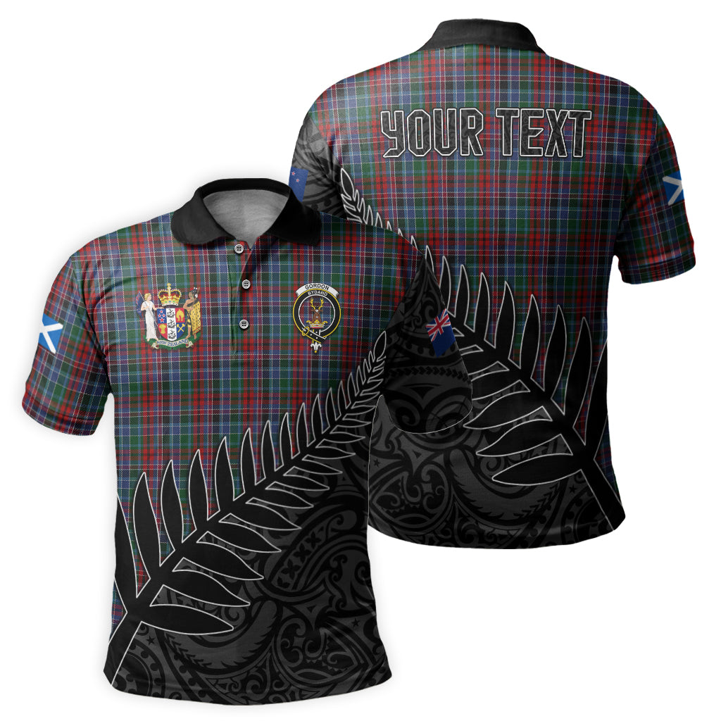 gordon-red-tartan-family-crest-golf-shirt-with-fern-leaves-and-coat-of-arm-of-new-zealand-personalized-your-name-scottish-tatan-polo-shirt