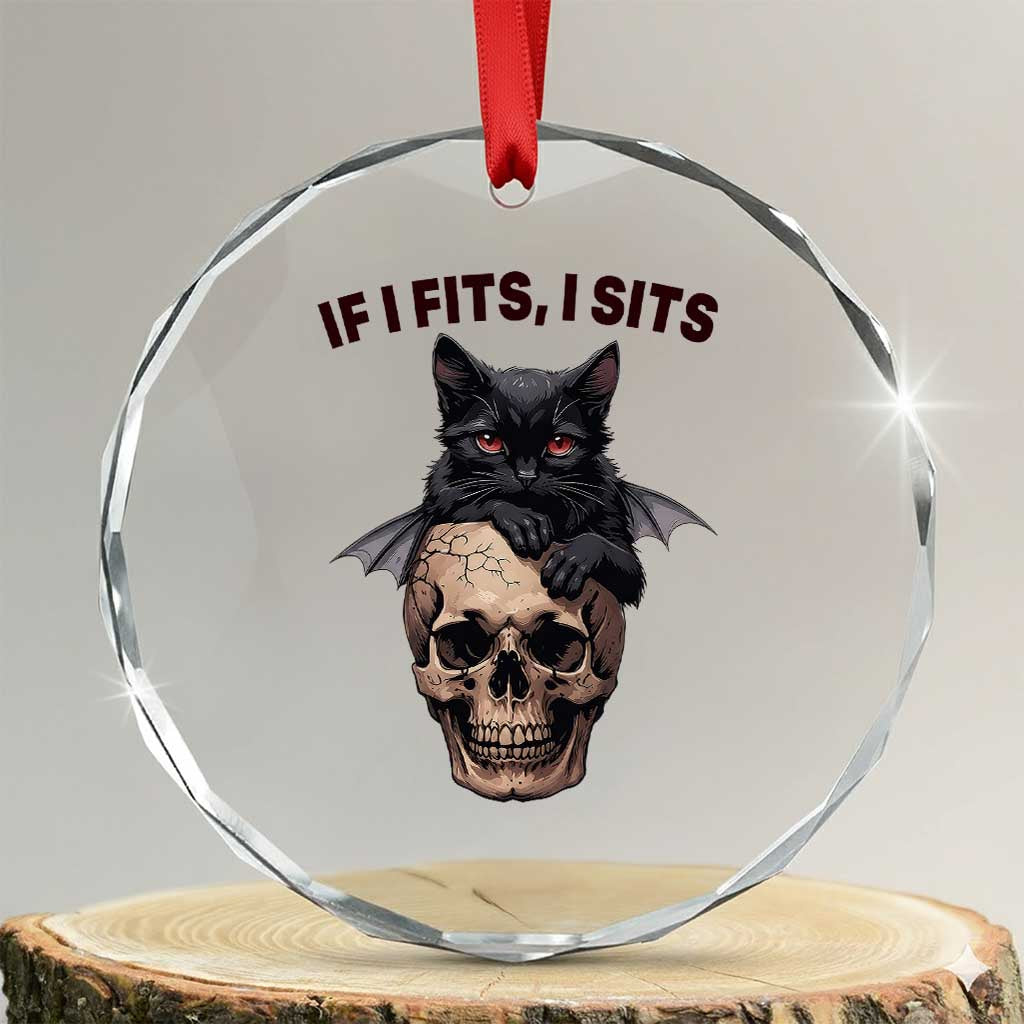 Gothic Cat Skull Graphic Crystal Glass Ornament If I Fits I Sits Creepy Cute Gift