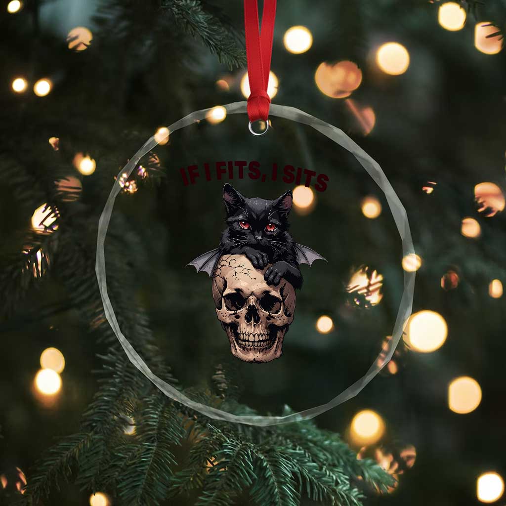 Gothic Cat Skull Graphic Crystal Glass Ornament If I Fits I Sits Creepy Cute Gift