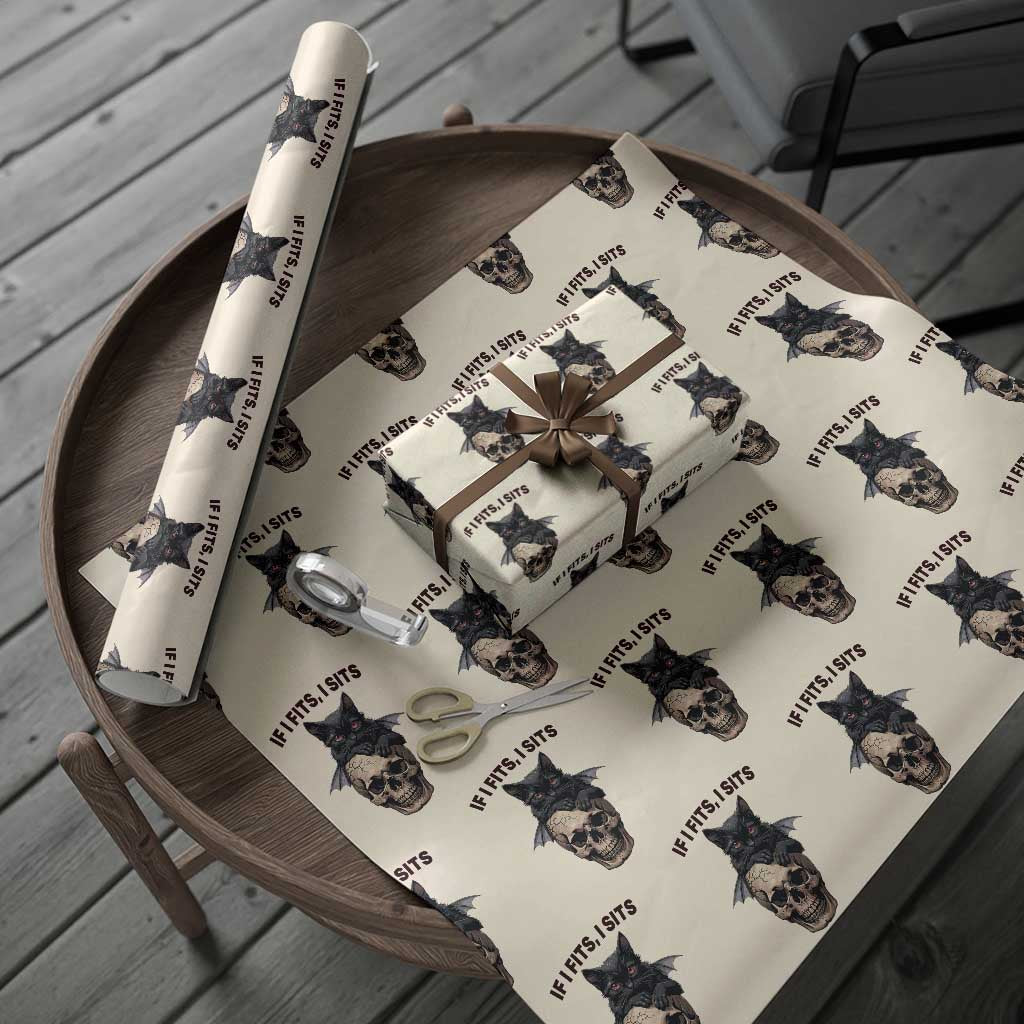 Gothic Cat Skull Graphic Wrapping Paper Roll If I Fits I Sits Creepy Cute Gift
