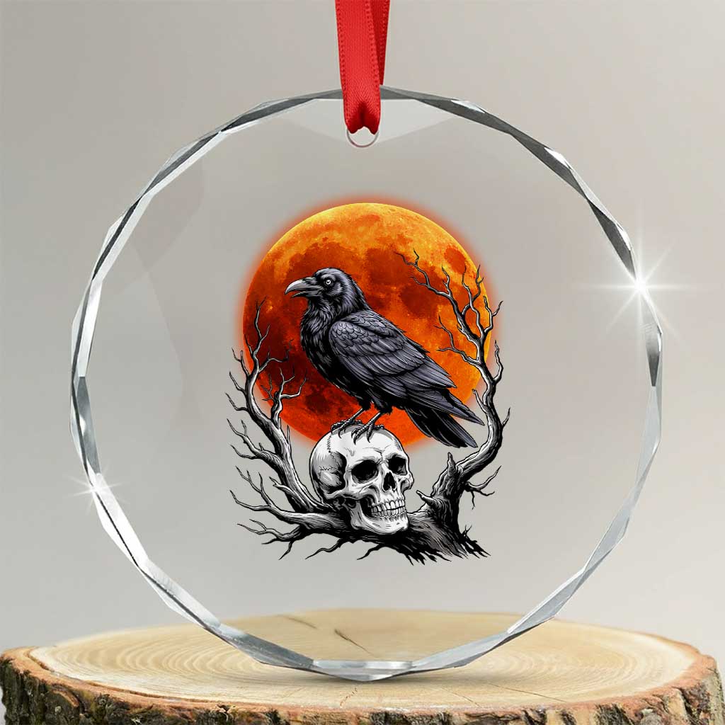 Gothic Raven on Skull Blood Moon Crystal Glass Ornament Spooky Halloween Macabre Dark Art Graphic