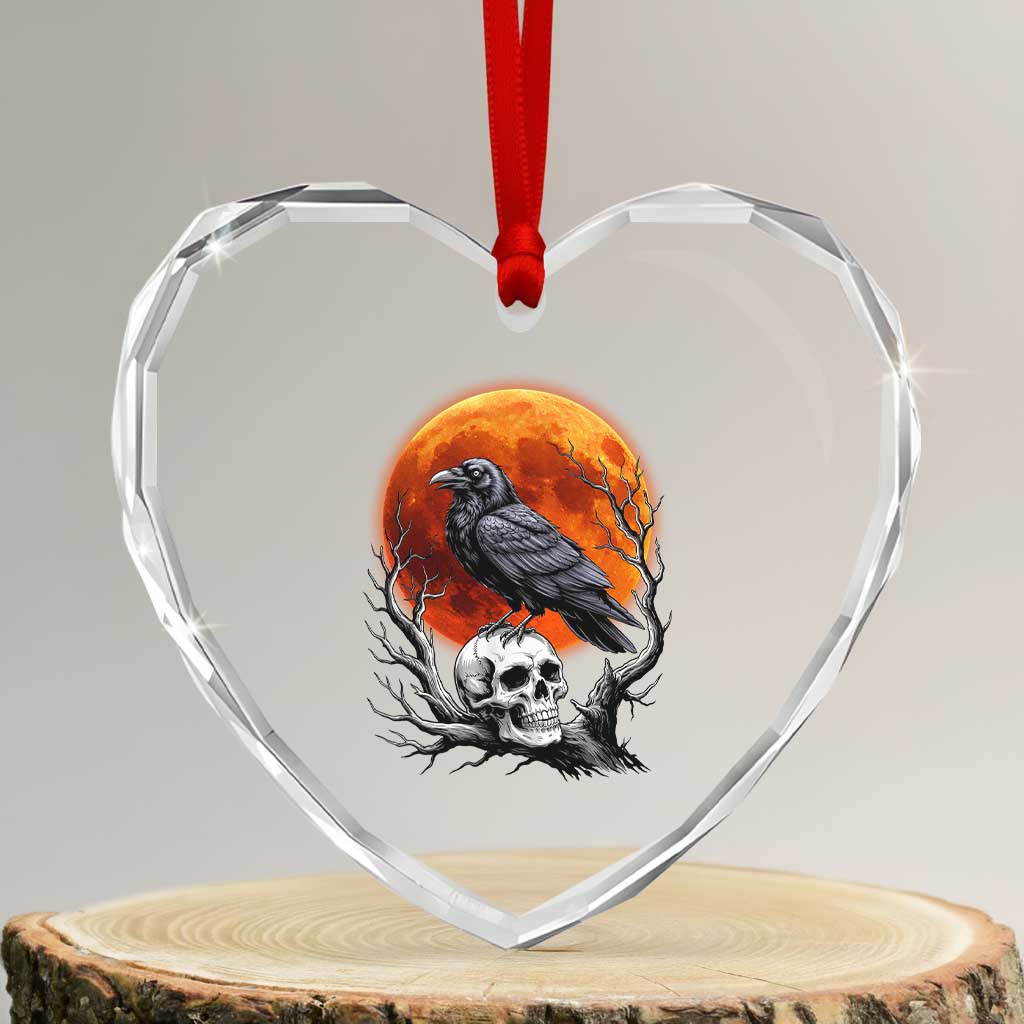 Gothic Raven on Skull Blood Moon Heart Crystal Glass Ornament Spooky Halloween Macabre Dark Art Graphic