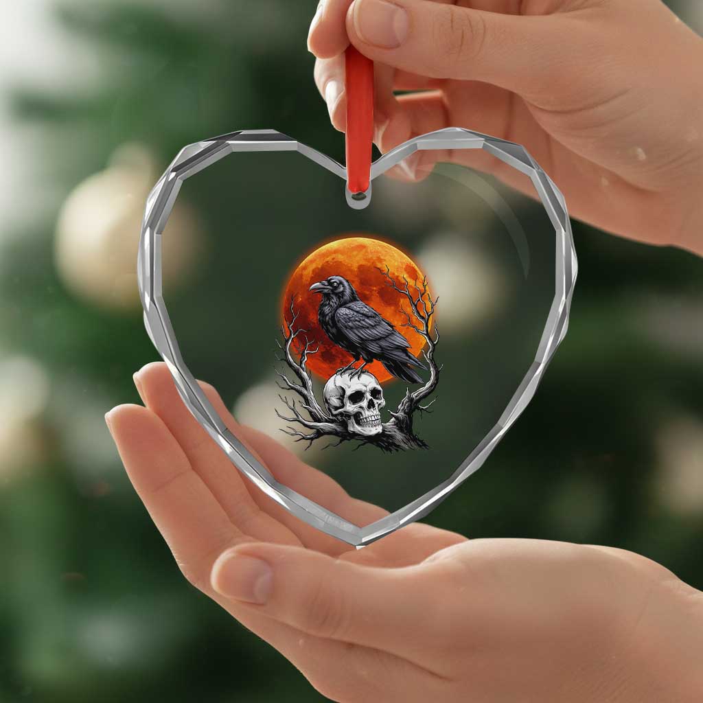 Gothic Raven on Skull Blood Moon Heart Crystal Glass Ornament Spooky Halloween Macabre Dark Art Graphic