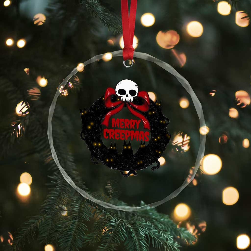 Gothic Xmas Crystal Glass Ornament Merry Creepmas Cat Wreath TS09