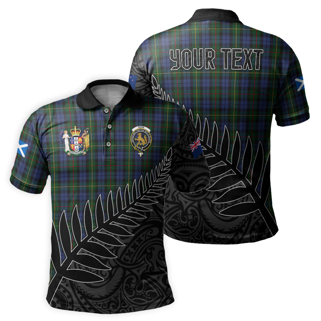 gow-hunting-tartan-family-crest-golf-shirt-with-fern-leaves-and-coat-of-arm-of-new-zealand-personalized-your-name-scottish-tatan-polo-shirt
