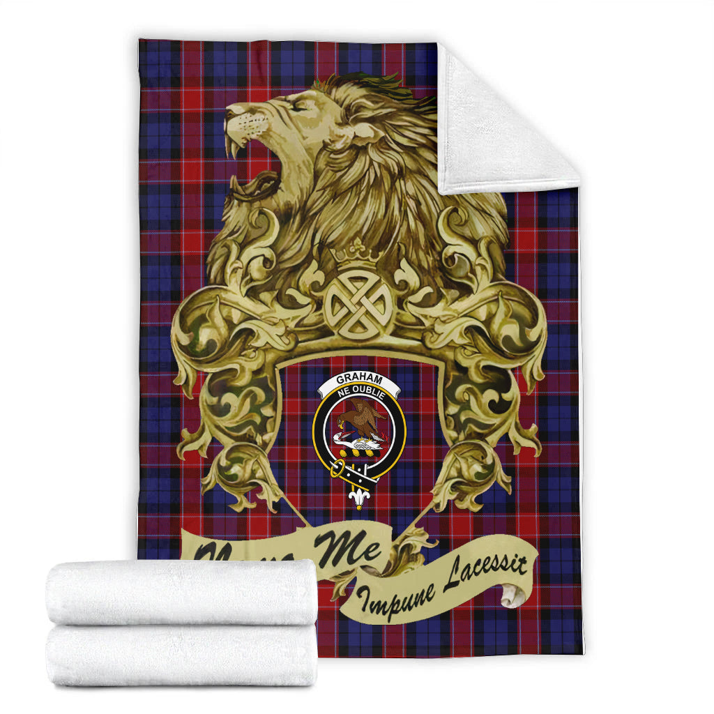 graham-of-menteith-red-tartan-premium-blanket-motto-nemo-me-impune-lacessit-with-vintage-lion-family-crest-tartan-plaid-blanket-vintage-style