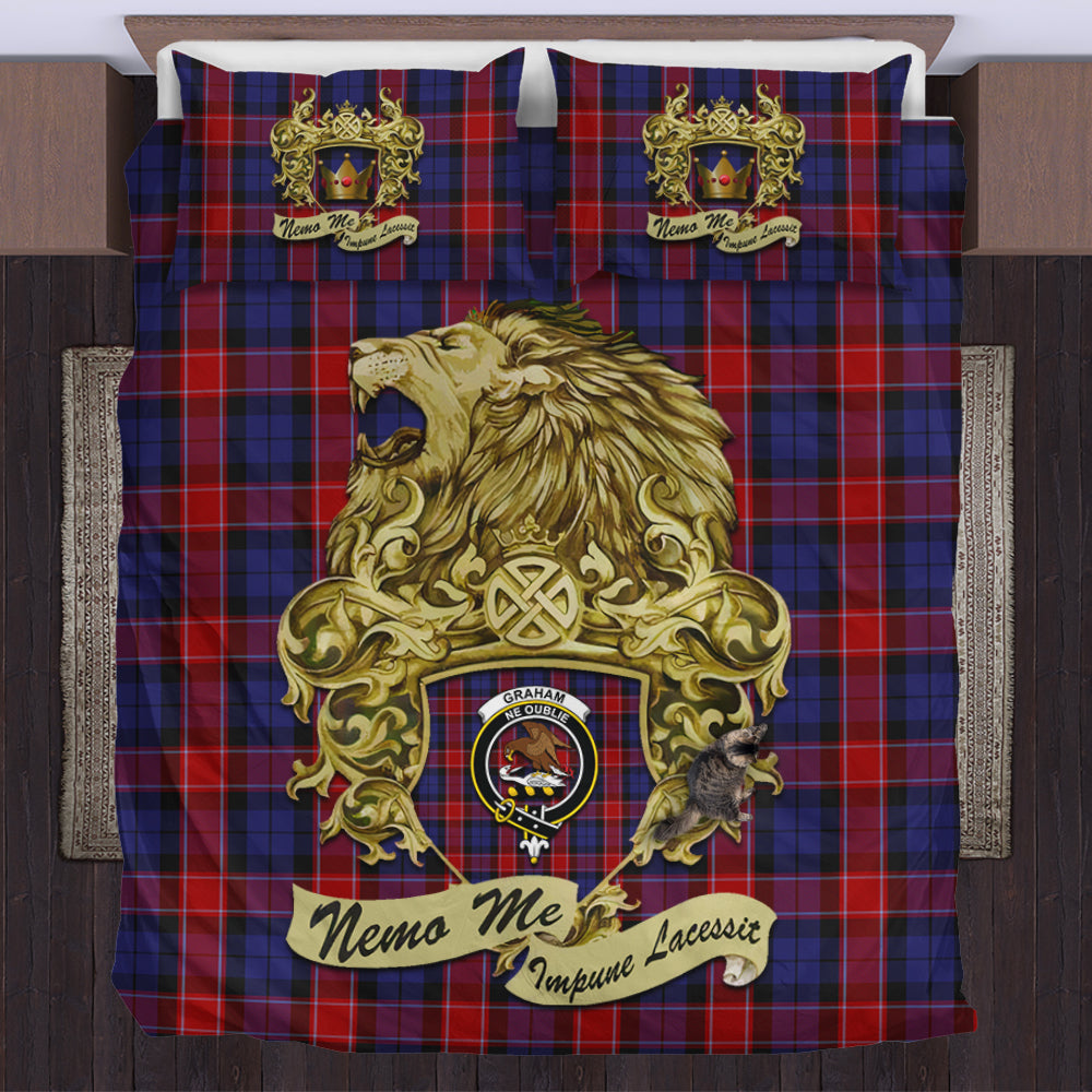 graham-of-menteith-red-tartan-bedding-set-motto-nemo-me-impune-lacessit-with-vintage-lion-family-crest-tartan-plaid-duvet-cover-scottish-tartan-plaid-comforter-vintage-style