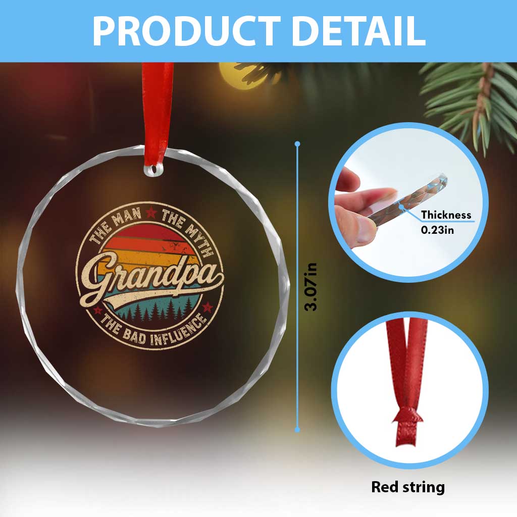 Grandpa The Man The Myth The Bad Influence Crystal Glass Ornament Retro Forest Father's Day