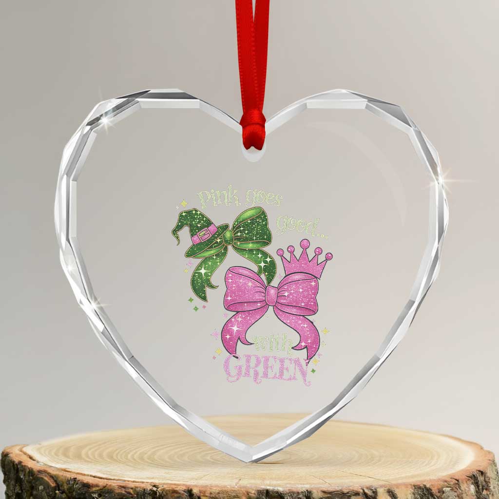 Green and Pink Coquette Bow Heart Crystal Glass Ornament Pink Goes Good With Green - Wonder Print Shop