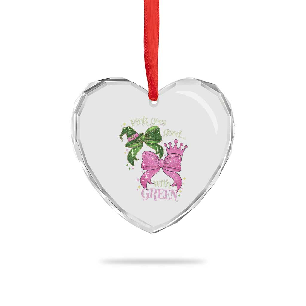 Green and Pink Coquette Bow Heart Crystal Glass Ornament Pink Goes Good With Green - Wonder Print Shop