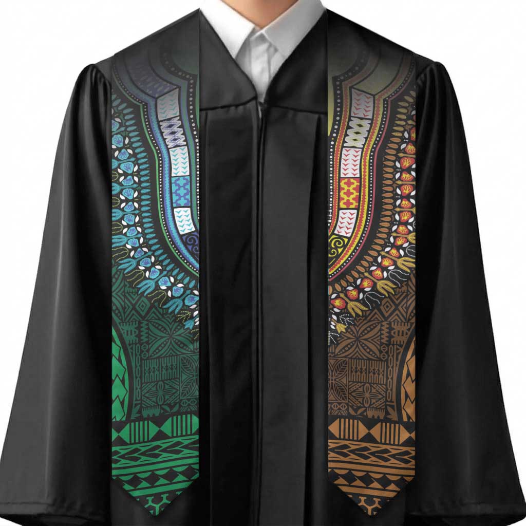 Green-gold Dashiki and Tapa Pattern Graduation Stole Africa-Polynesia Together Culture