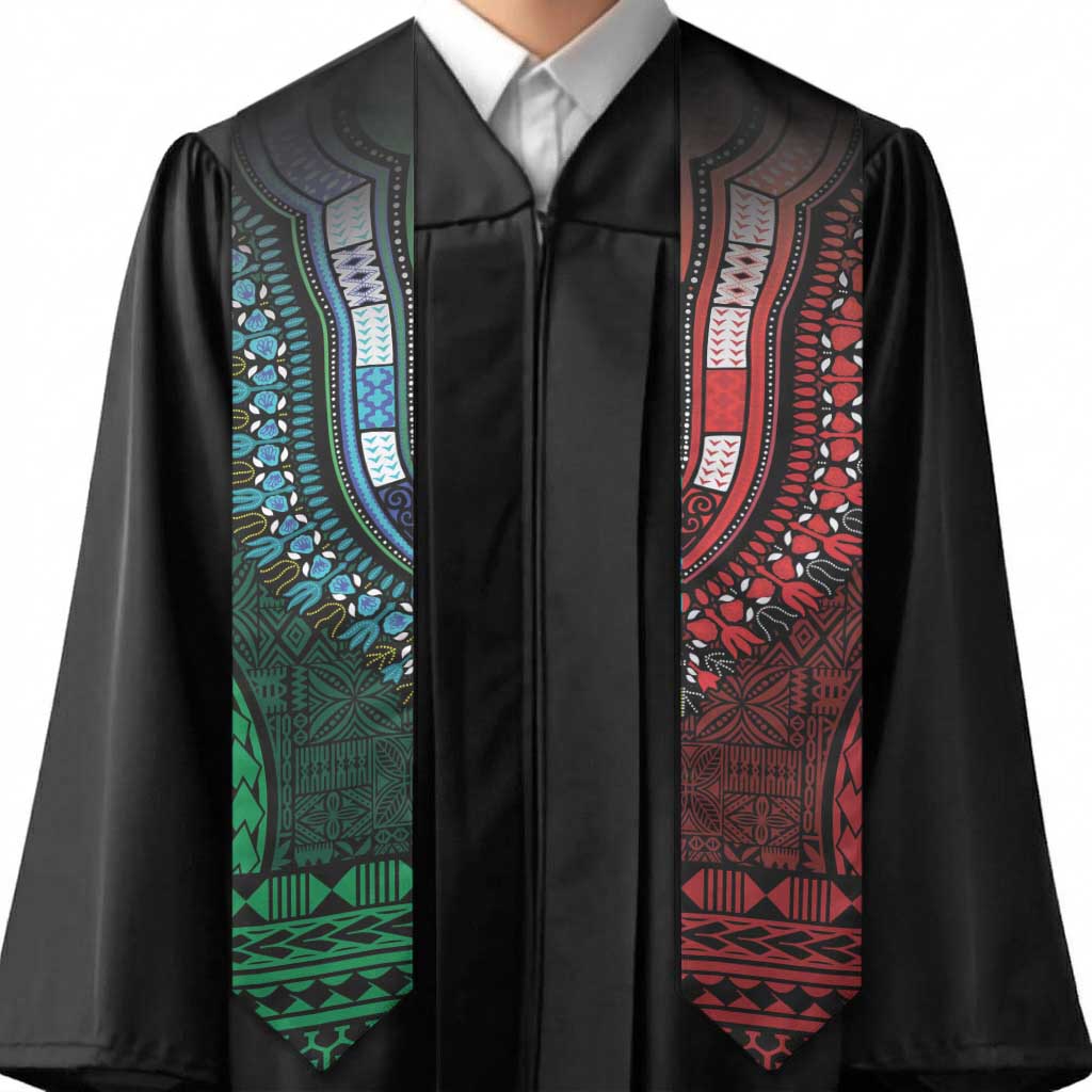 Green-red Dashiki and Tapa Pattern Graduation Stole Africa-Polynesia Together Culture