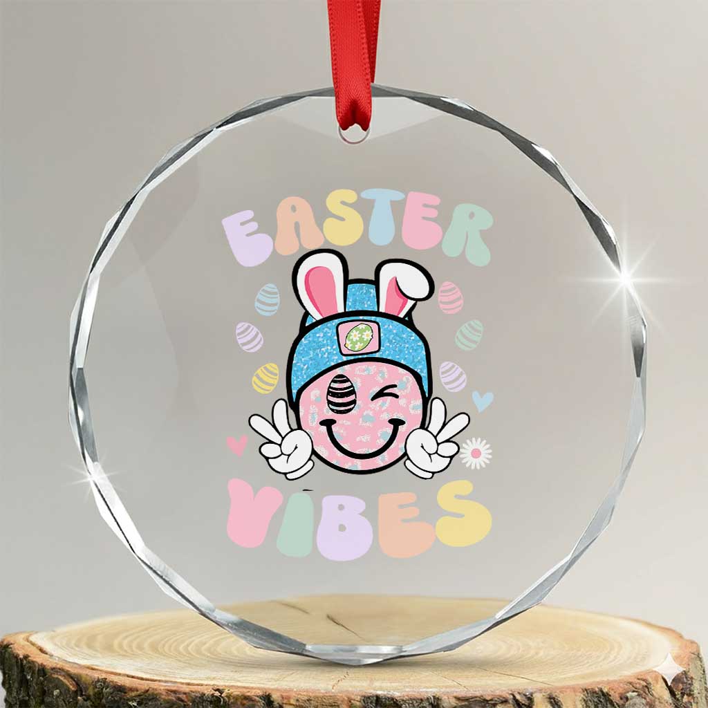 Groovy Easter Vibes Crystal Glass Ornament Retro Bunny Smile Eggs - Wonder Print Shop