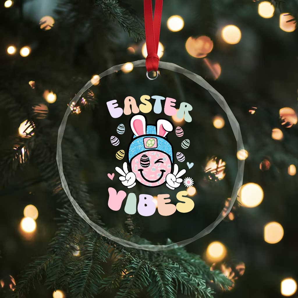 Groovy Easter Vibes Crystal Glass Ornament Retro Bunny Smile Eggs - Wonder Print Shop